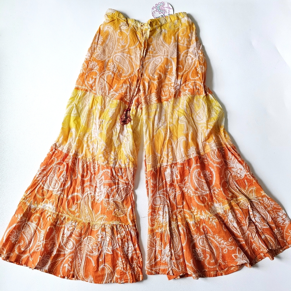 Z&L Europe Maxi Skirt Illusion Wide Leg Pants NWT Boho Paisley Tiered Tassel L